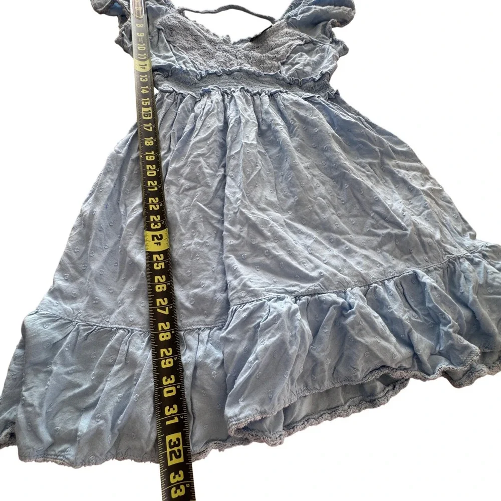 Y2K Angie Mini Dress Womens M Blue Swiss Dot Smocked Waist Lace Trim Boho Whimsy - Picture 6 of 9